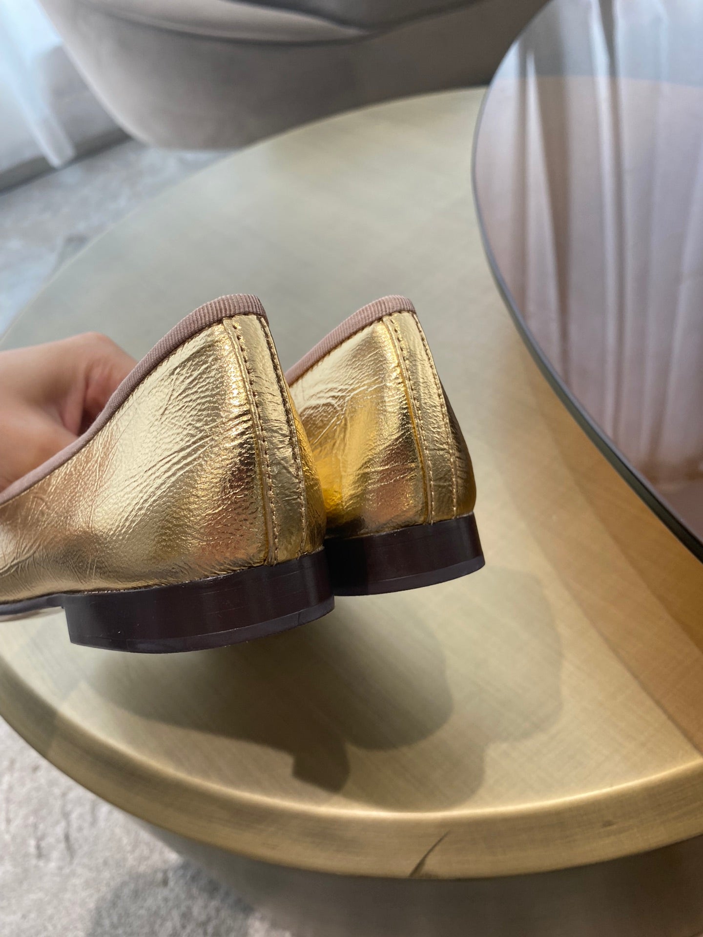 BALLET FLATS GOLD BLACK LAMBSKIN CANVAS