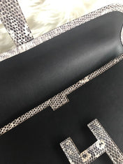 JIGE ELAN 29 CLUTCH IN BLACK CALFSKIN WITH WHITE LIZARD SKIN