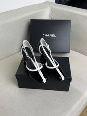 CHANEL 26S MARY JANES 85MM IN BLACK AND WHITE PATENT CAFLSKIN