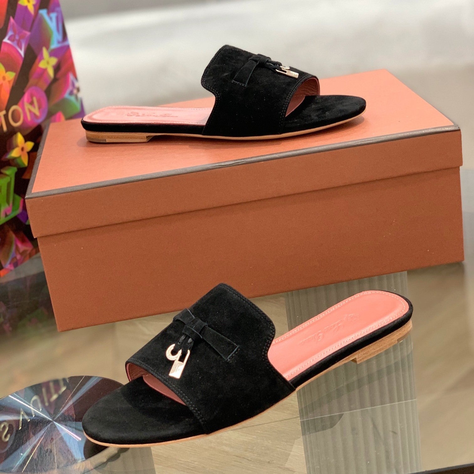 Summer Charms Sandals in Black Suede Pink Lambskin
