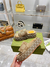 LV MONOGRAM THICK PLATFORM SANDALS IN BEIGE CANVAS
