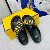 FENDI GRAPHY LOGO LETTERING SLIDES IN BLACK LAMBSKIN WITH GOLD HARDWARE