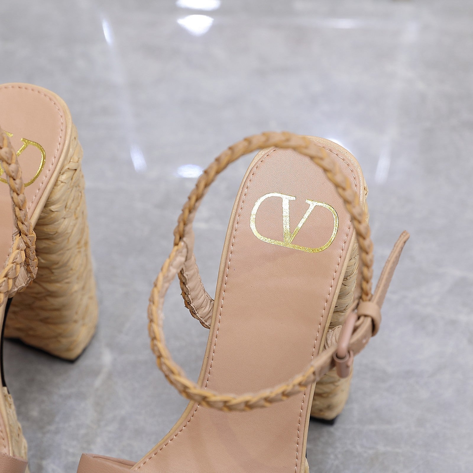 VLTN ESPADRILLE WEDGE SANDALS 25S 130 MM IN MUTED PEACH BEIGE LAMBSKIN