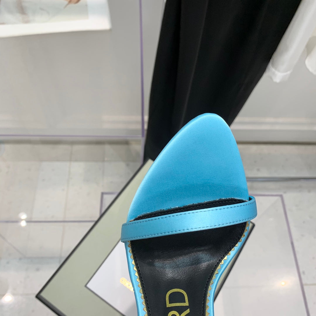 PADLOCK HIGH HEEL 10 CM SANDAL IN AQUA BLUE SHEEPSKIN