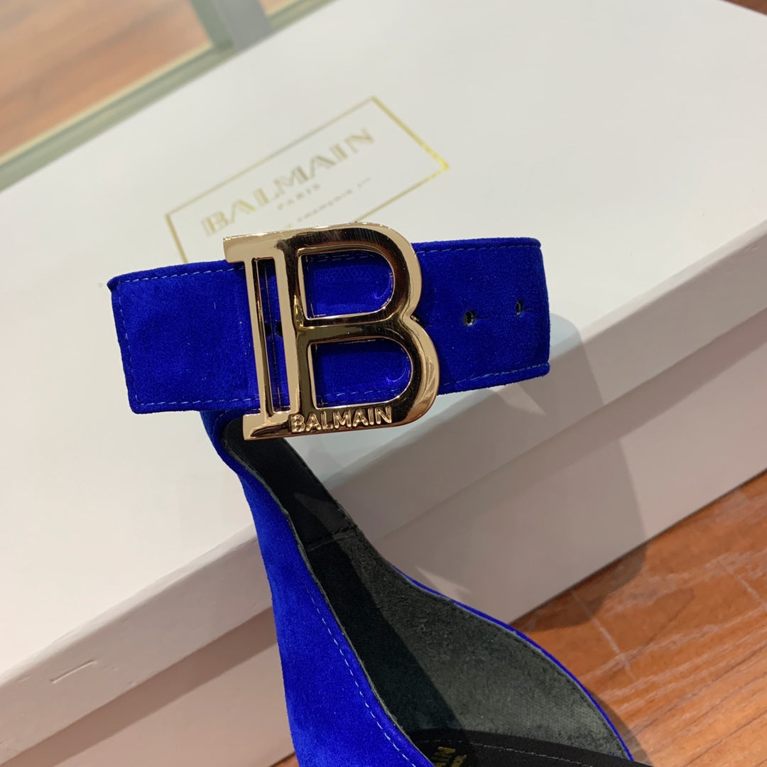 BALMAIN 25S THIN STRAP HIGH HEELS 105MM IN DARK BLUE SUEDE GOLD HARDWARE