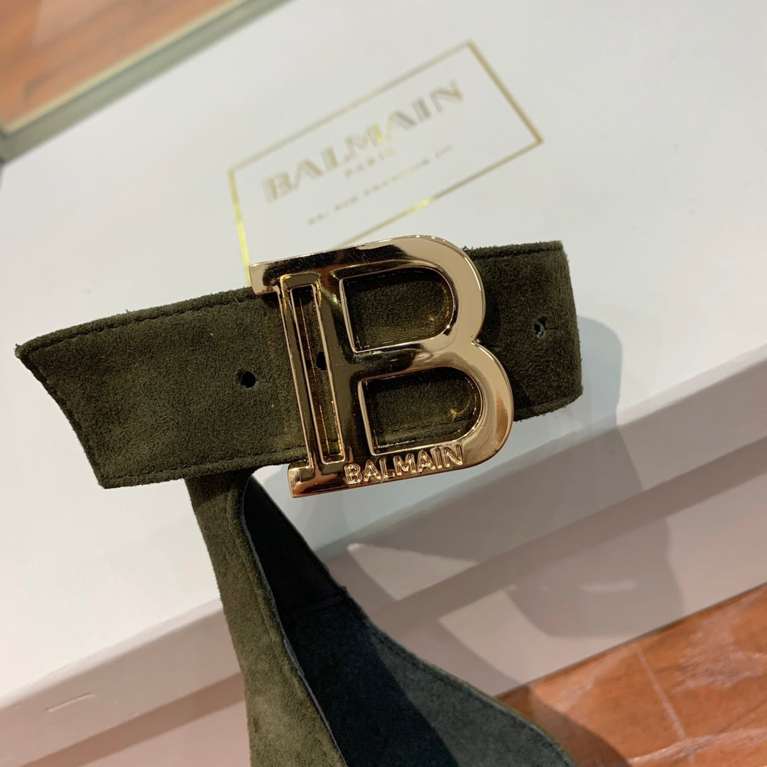BALMAIN 25S THIN STRAP HIGH HEELS 105MM IN VERY DEEP OLIVE SUEDE GOLD HARDWARE