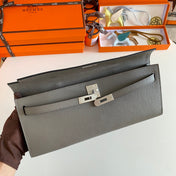 KELLY CUT 31 IN WOOD BROWN CALFSKIN WITH SILVER HARDWARE