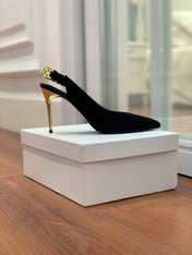 BALMAIN 26S SLINGBACK 95 MM IN BLACK SUEDE WITH GOLD HARDWARE