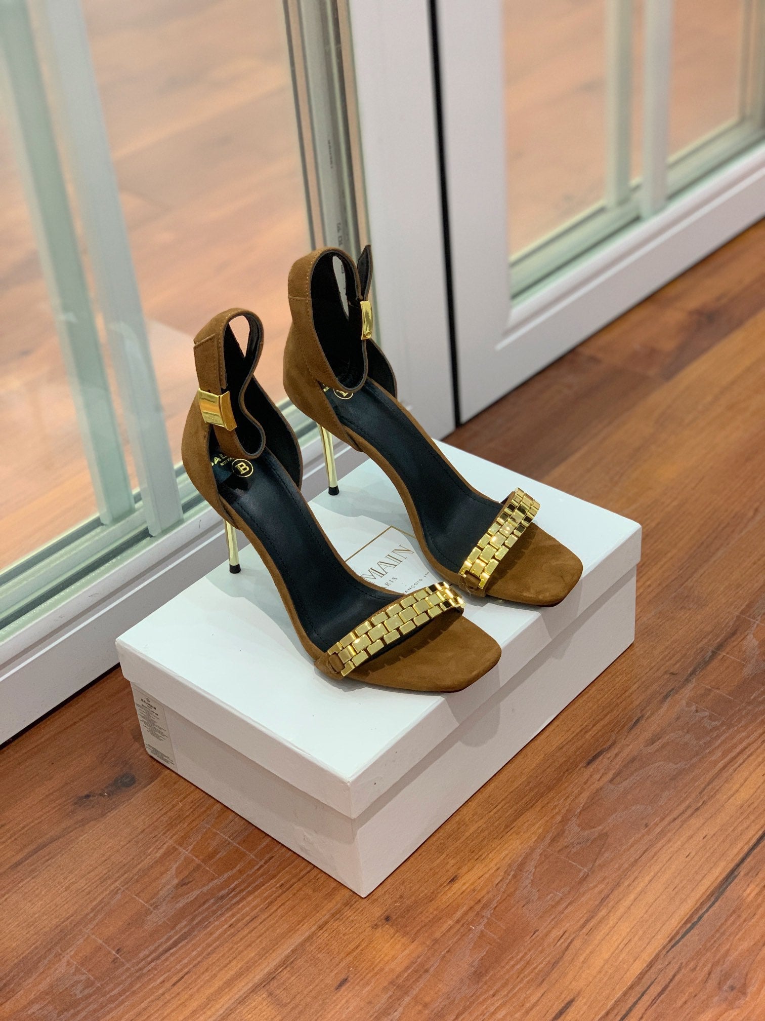 BALMAIN 25S METAL STRAP HIGH HEELS 95MM IN BROWN SUEDE GOLD HARDWARE