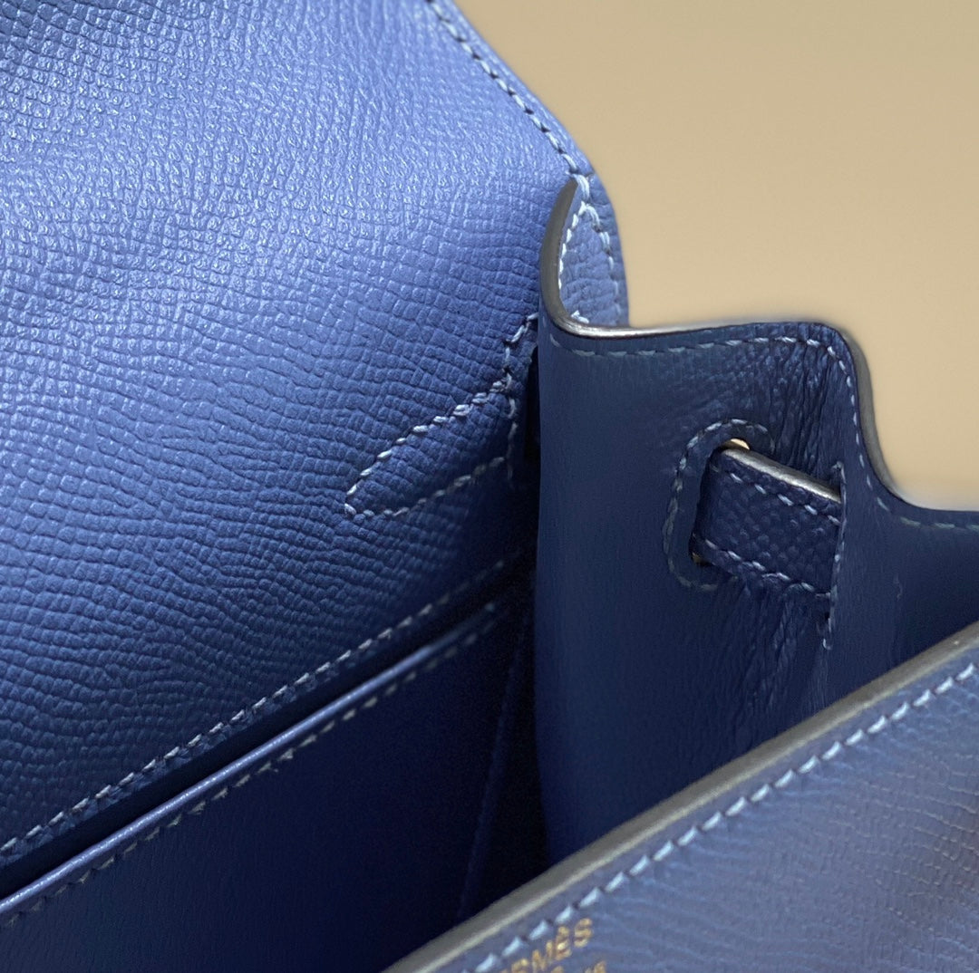 KELLY MINI 20 BAG IN AZURE BLUE CALFSKIN WITH GOLD HARDWARE