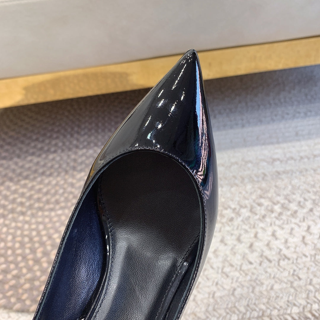 OPYUM SILVER HEEL SLINGBACK PUMPS IN BLACK GLOSSY CALFSKIN