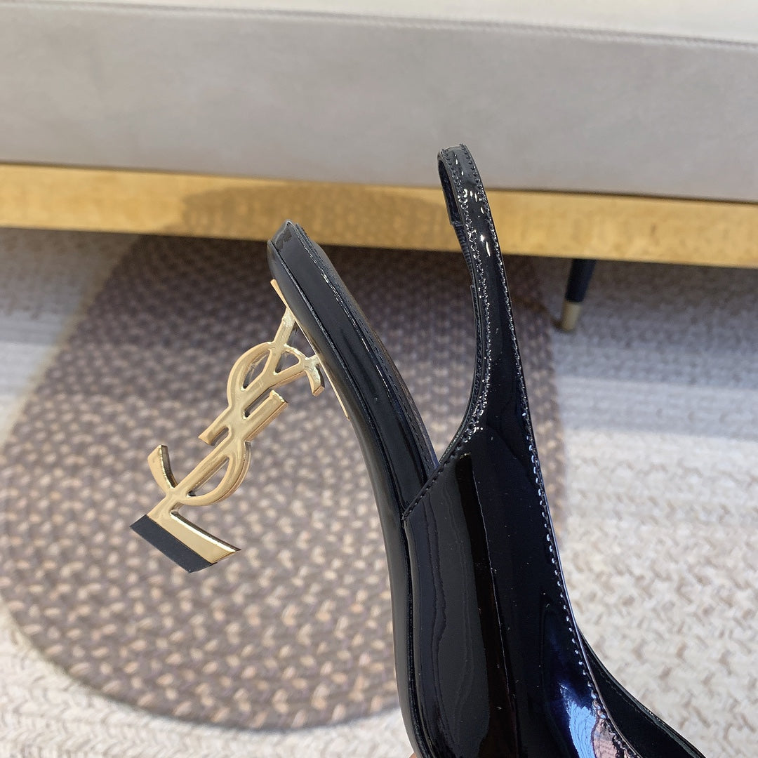 OPYUM GOLD HEEL SLINGBACK PUMPS IN BLACK GLOSSY CALFSKIN
