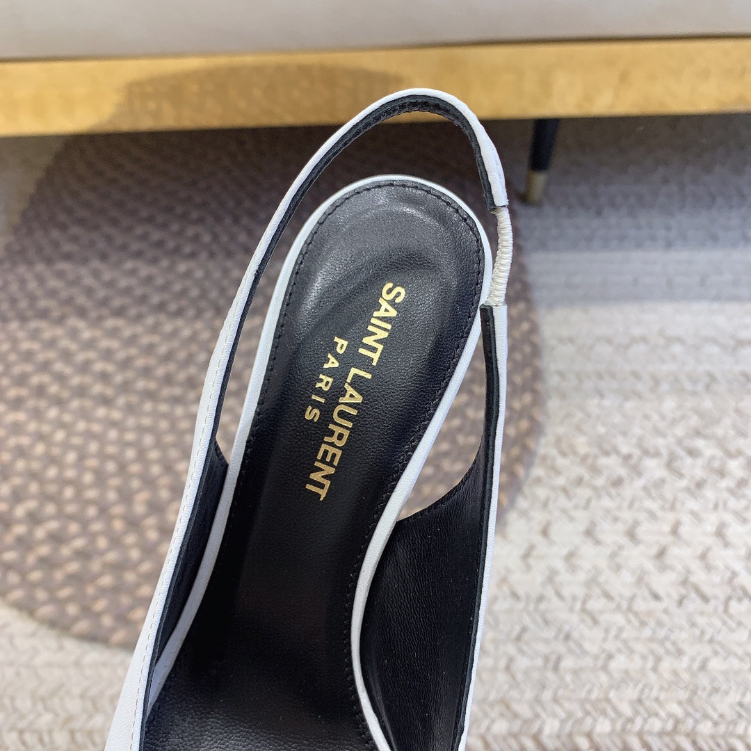 OPYUM BLACK HEEL SLINGBACK PUMPS IN WHITE SMOOTH LAMBSKIN