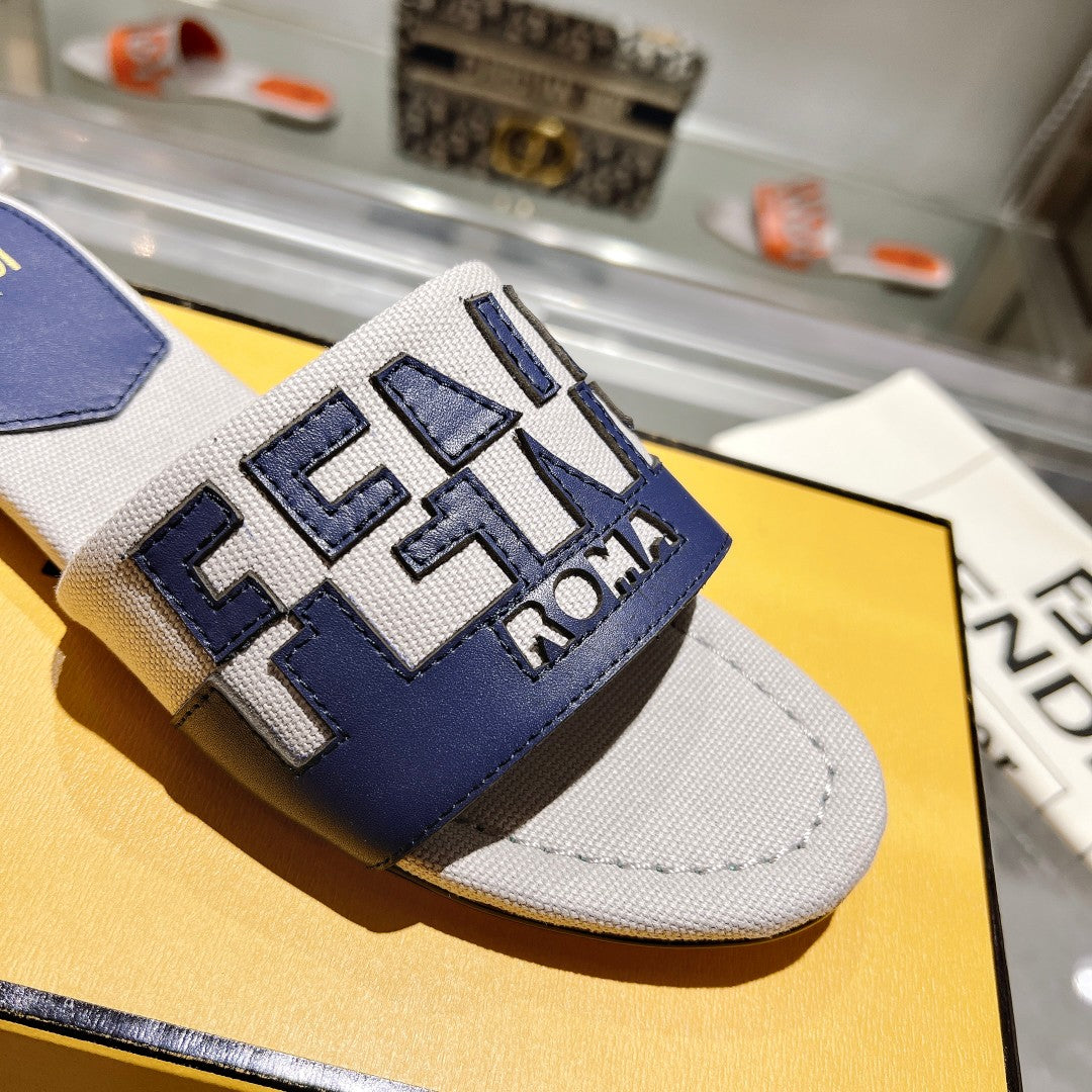 FF Women Roma Signature Blue Grey Canvas Leather Slide