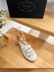 PRADA 26S LACE UP ESPADRILLE FLATS IN CREAM WHITE CALFSKIN