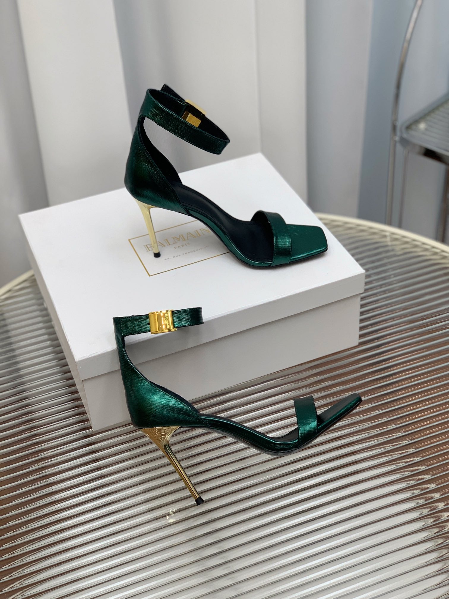 BALMAIN 25S METAL BUCKLE HIGH HEELS 95MM IN TEAL GREEN CALFSKIN
