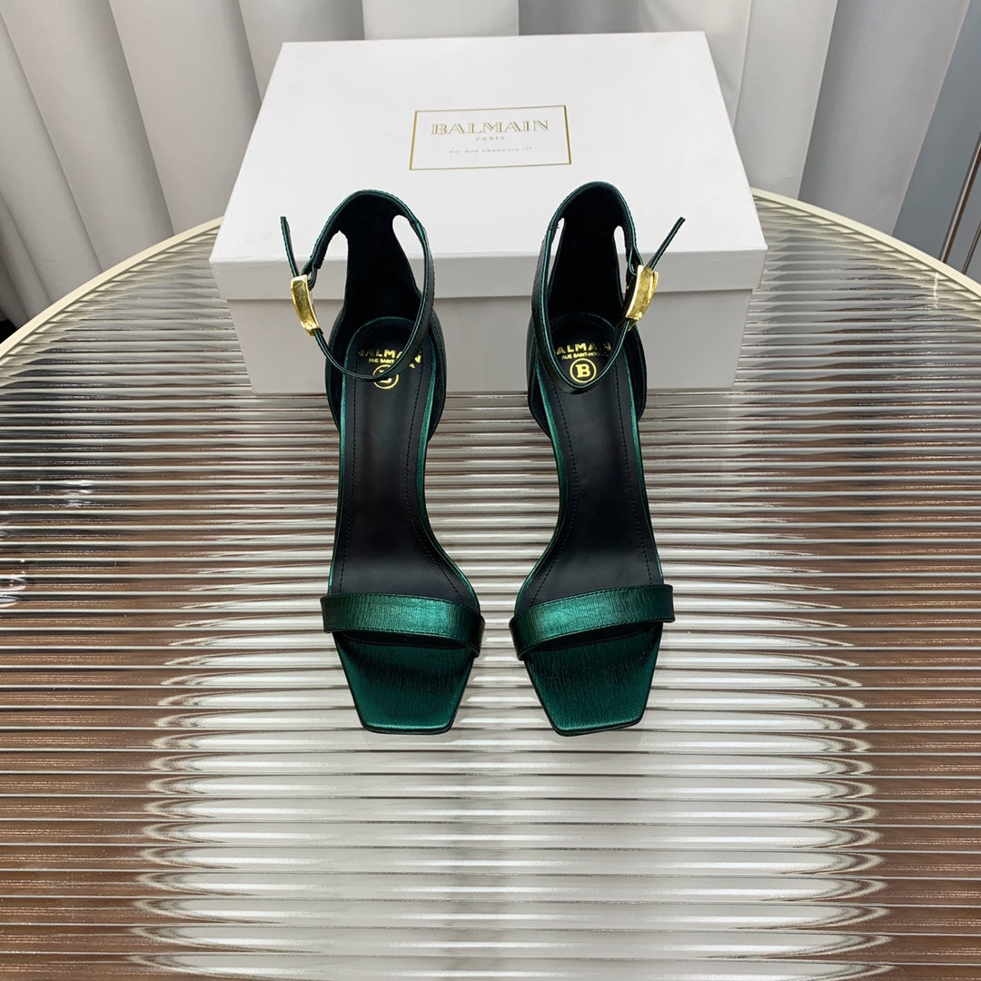 BALMAIN 25S METAL BUCKLE HIGH HEELS 95MM IN TEAL GREEN CALFSKIN