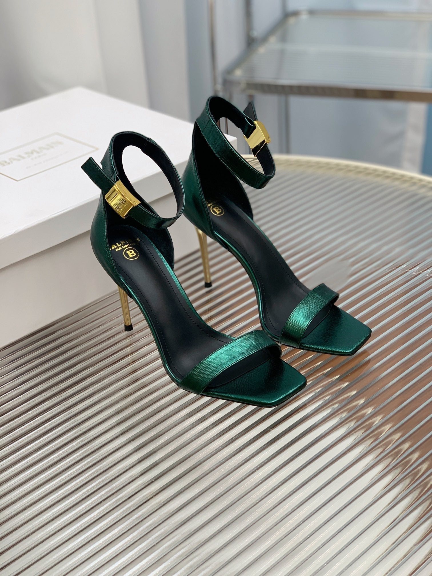 BALMAIN 25S METAL BUCKLE HIGH HEELS 95MM IN TEAL GREEN CALFSKIN