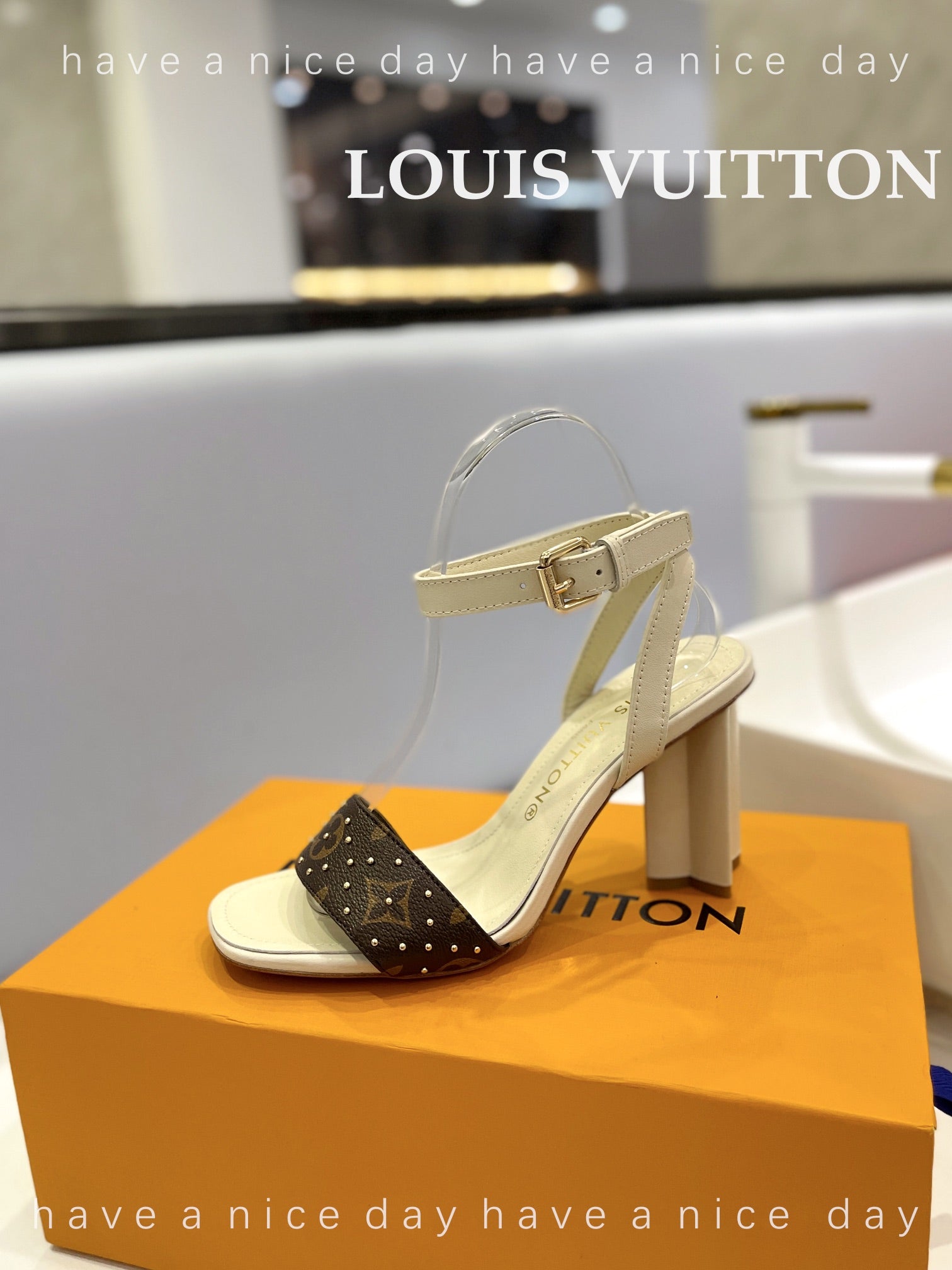LV 26S HIGH HEEL SANDALS 80 MM IN BEIGE AND DARK BROWN MONOGRAM CANVAS WITH STUDS