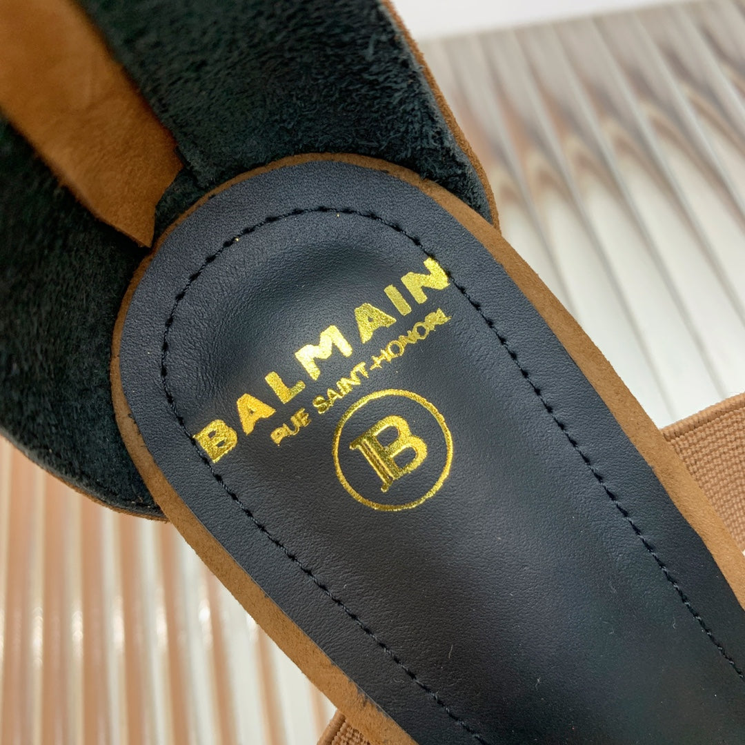 BALMAIN 25S CROSSOVER STRAP HIGH HEELS 95MM IN BROWN SUEDE