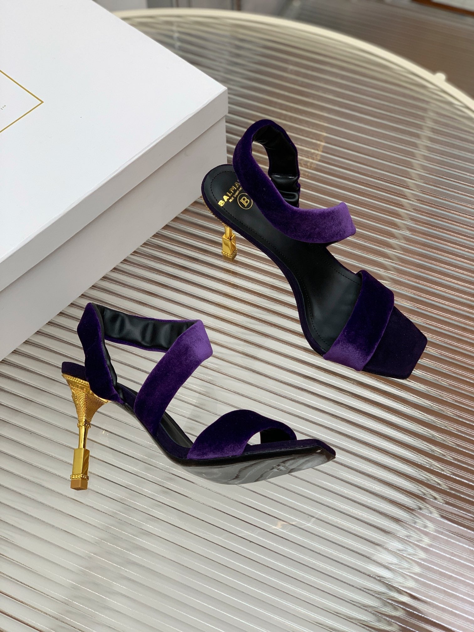 BALMAIN 25S MONETA HEELED SANDALS 95MM IN DEEP PURPLE VELVET