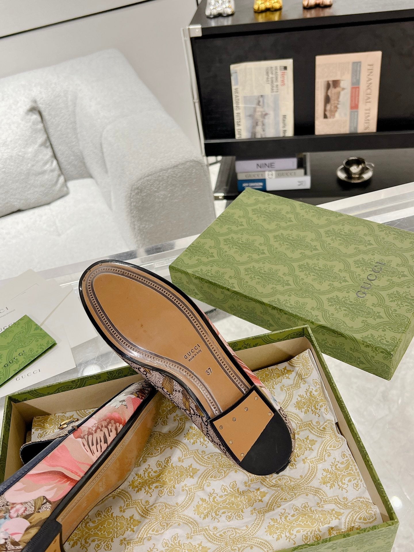 HORSEBIT LOAFER WITH FLOWER PRINT IN DARK BEIGE MONOGRAM JACQUARD FABRIC