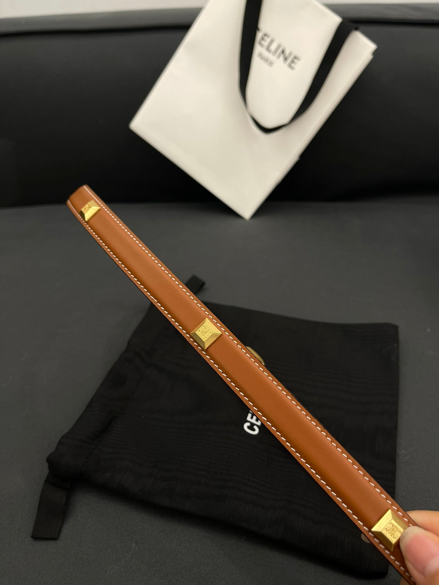 CL SMALL 18 MM TRIOMPHE BELT IN TAURILLON BRONZE BROWN LEATHER GOLD HARDWARE