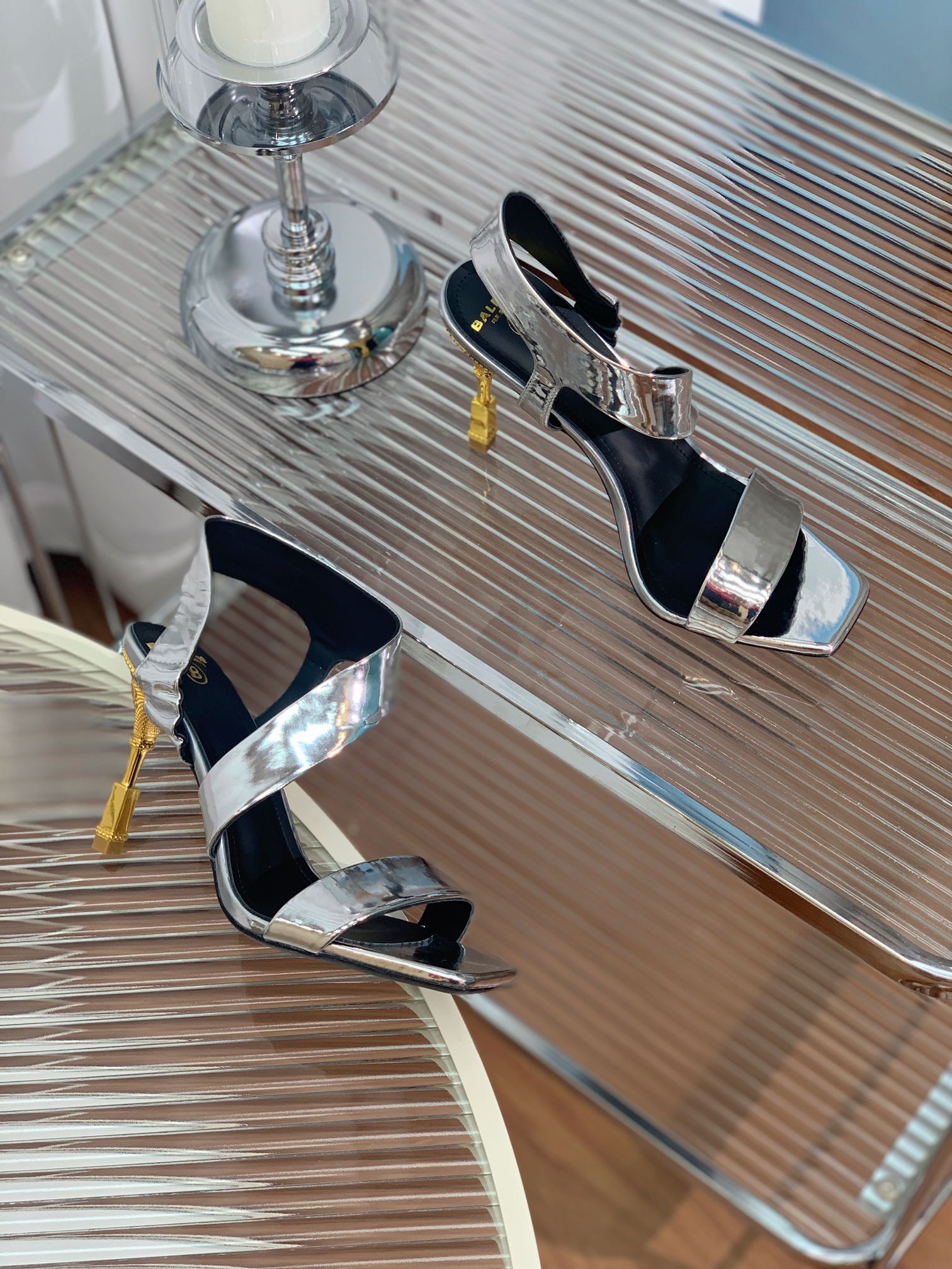 BALMAIN 25S HIGH HEEL SANDALS 95MM IN SILVER GLOSSY CALFSKIN