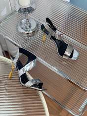 BALMAIN 25S HIGH HEEL SANDALS 95MM IN SILVER GLOSSY CALFSKIN