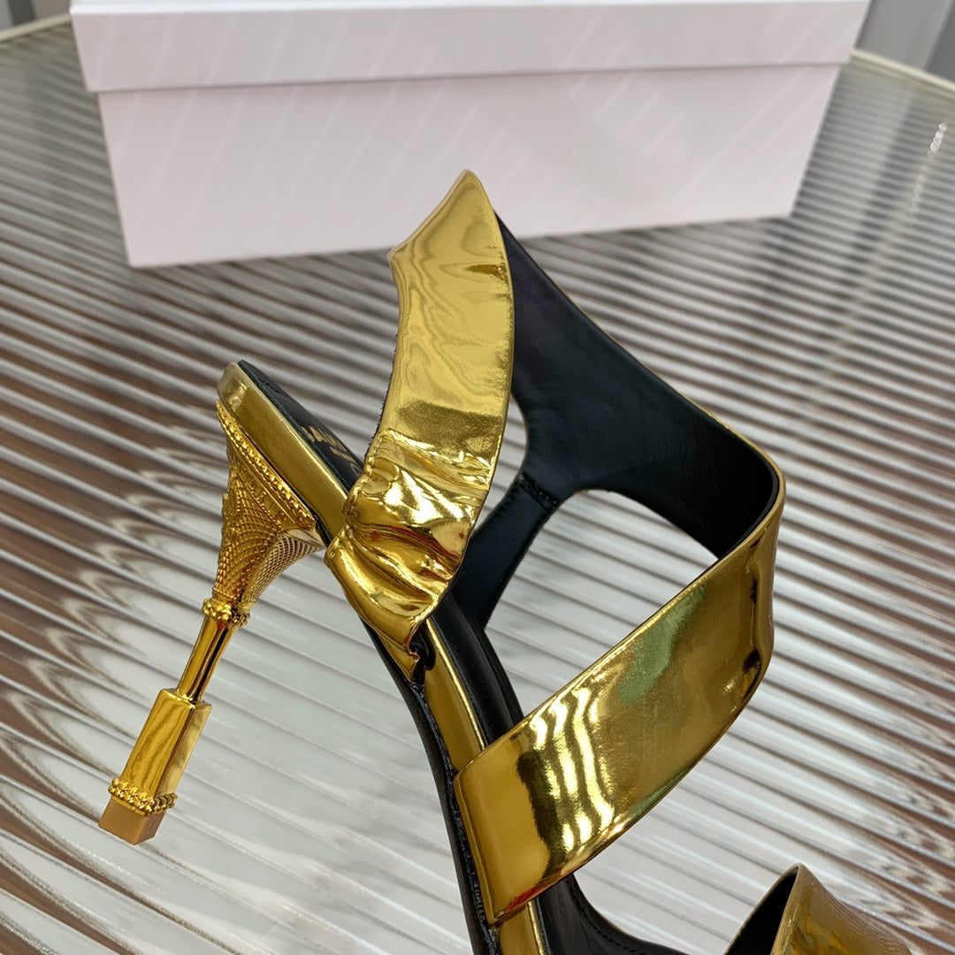 BALMAIN 25S HIGH HEEL SANDALS 95MM IN GOLD GLOSSY CALFSKIN