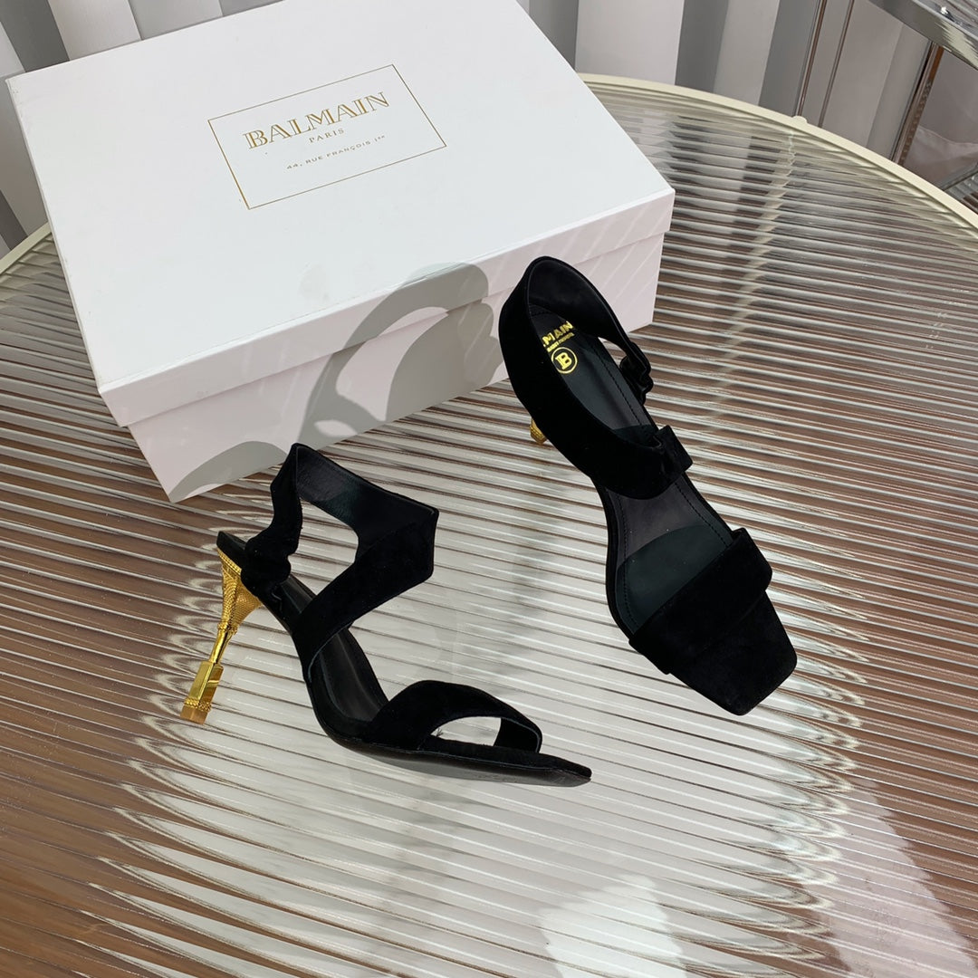 BALMAIN 25S HIGH HEEL SANDALS 95MM IN BLACK SUEDE