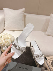 BALENCIAGA 25S HIGH-HEEL SANDALS IN WHITE COW LEATHER WITH RHINESTONE STRAP