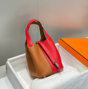 HERMES 25S PICOTIN LOCK 18 IN GOLDEN BROWN AND RED CALFSKIN SILVER HARDWARE