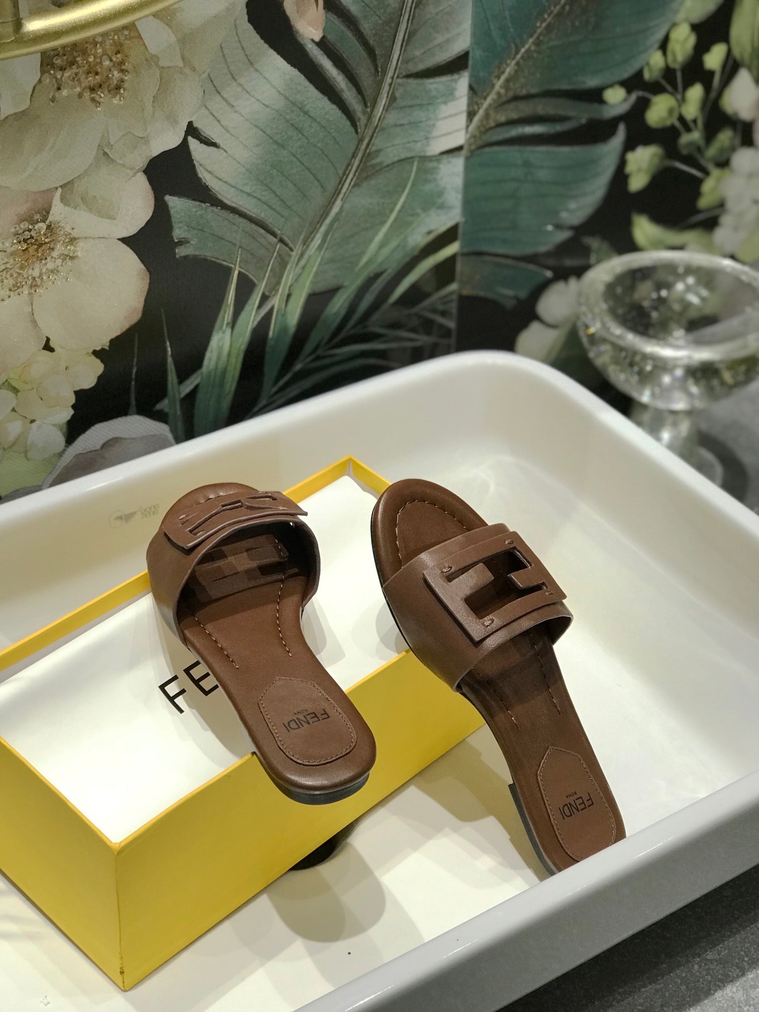 FENDI BAGUETTE SLIDES IN COFFEE BROWN LAMBSKIN