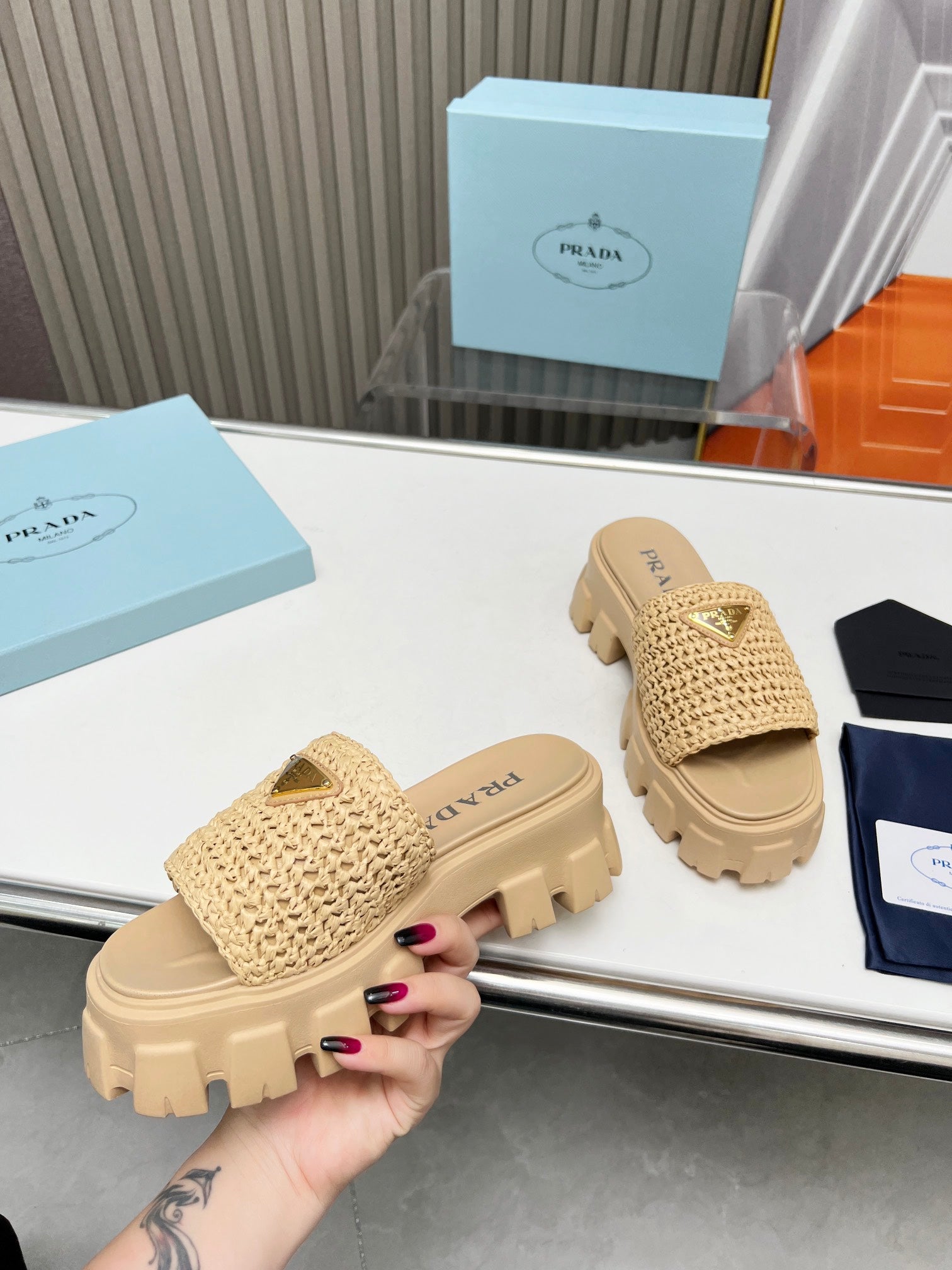 PRA THICK-SOLED CROCHET SANDALS BEIGE WOVEN FABRIC