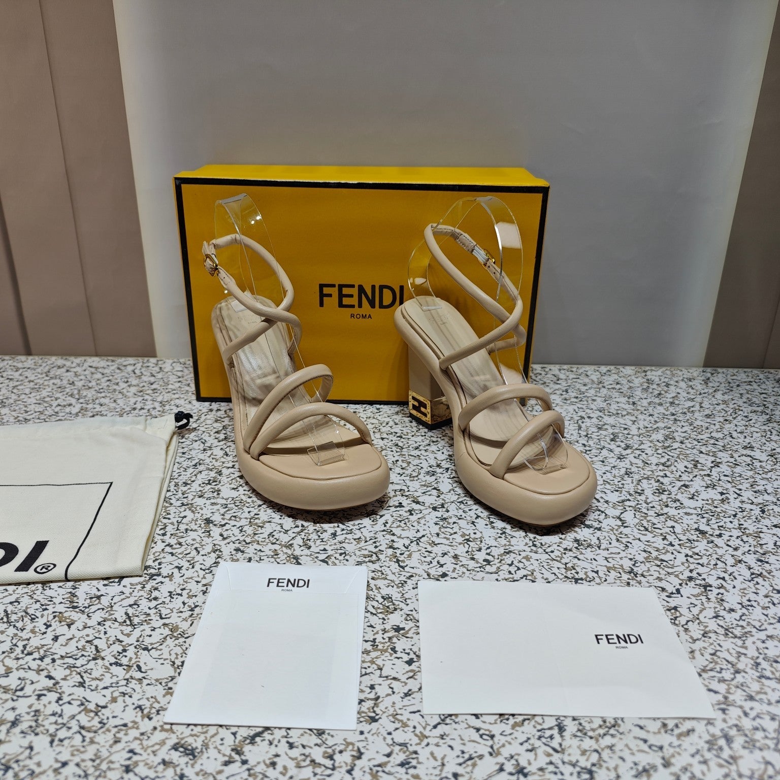 FENDI CHUNKY HIGH-HEELED SANDAL IN BEIGE BISQUE CALFKIN WITH GOLD HARDWARE