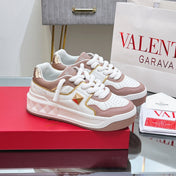 VALENTINO 25S GARAVANI ONE STUD XL PLATFORM SNEAKERS IN WHITE MIX LIGHT PINK LAMBSKIN