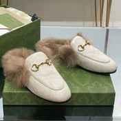 HORSEBIT MULE IN WHITE EMBOSSED CALFSKIN AND LAMB WOOL LINING