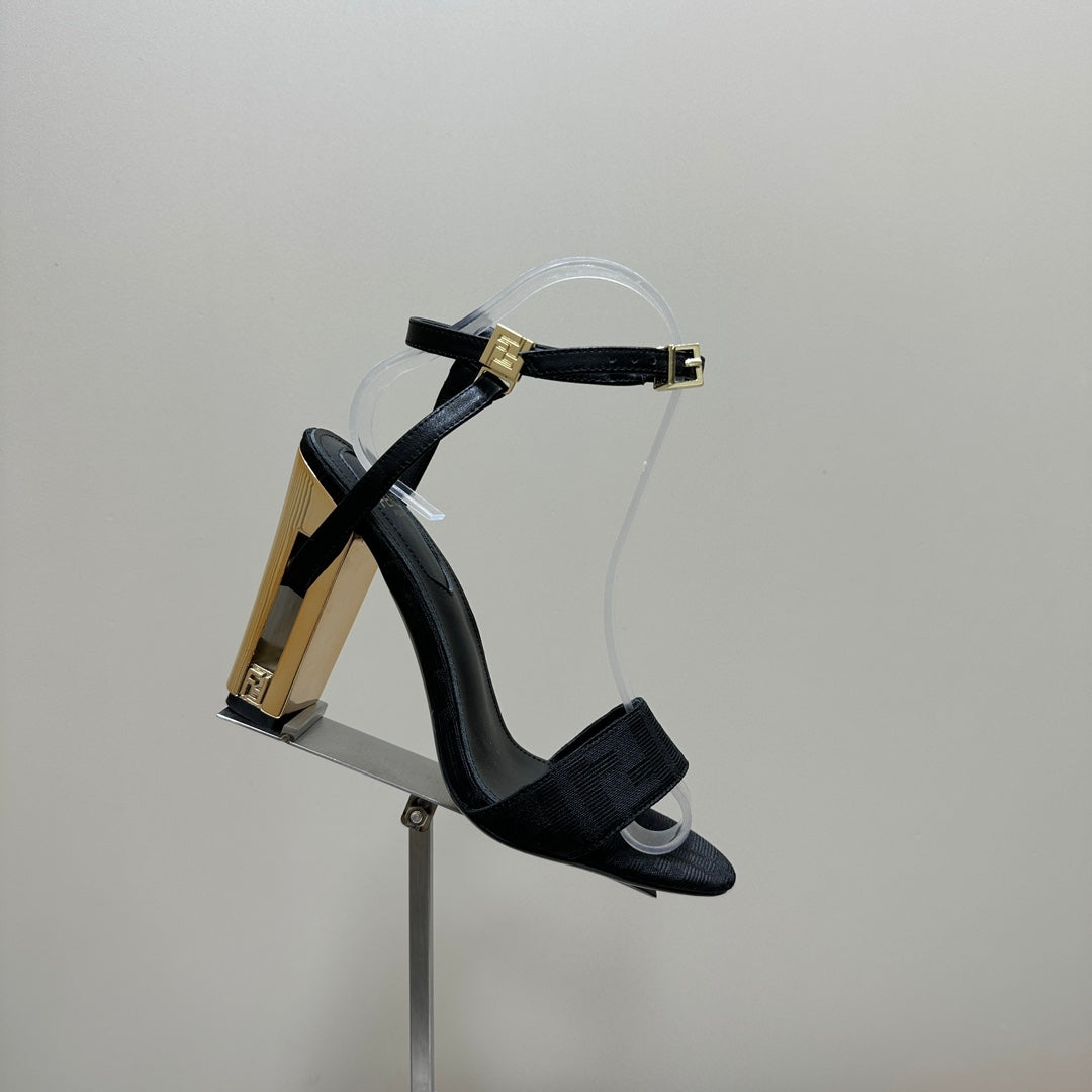 FENDI DELFINA HIGH-HEELED 10 CM SANDAL IN BLACK FF CANVAS