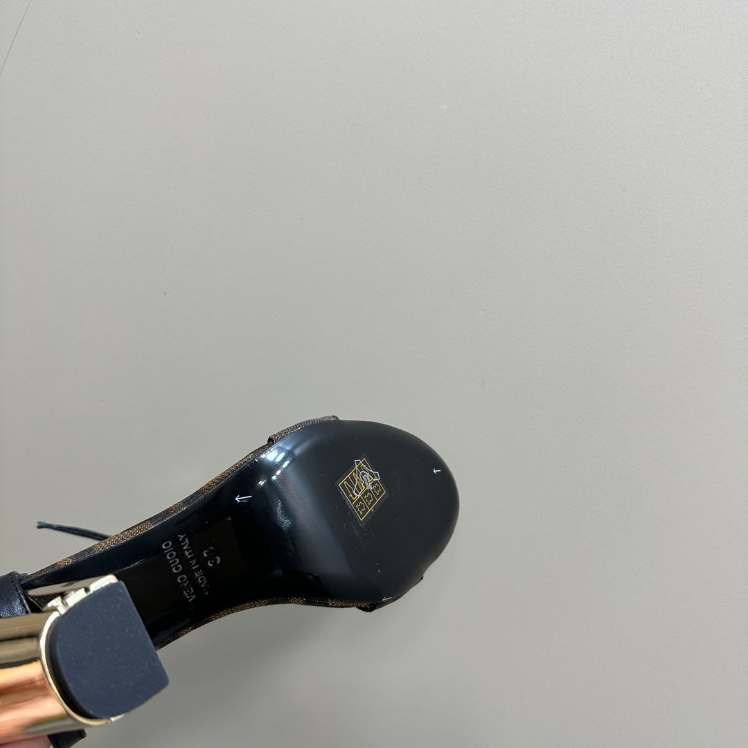 FENDI DELFINA HIGH-HEELED 10 CM SANDAL IN BROWN MONOGRAM FF CANVAS