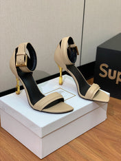 BALMAIN 26S METAL-HEEL SANDALS 105 MM IN DARK BEIGE CALFSKIN