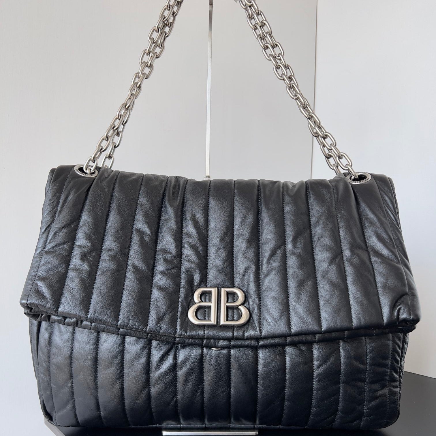 MONACO BAG 43 IN BLACK QUILTED THIN CALFSKIN SILVER HARDWARE
