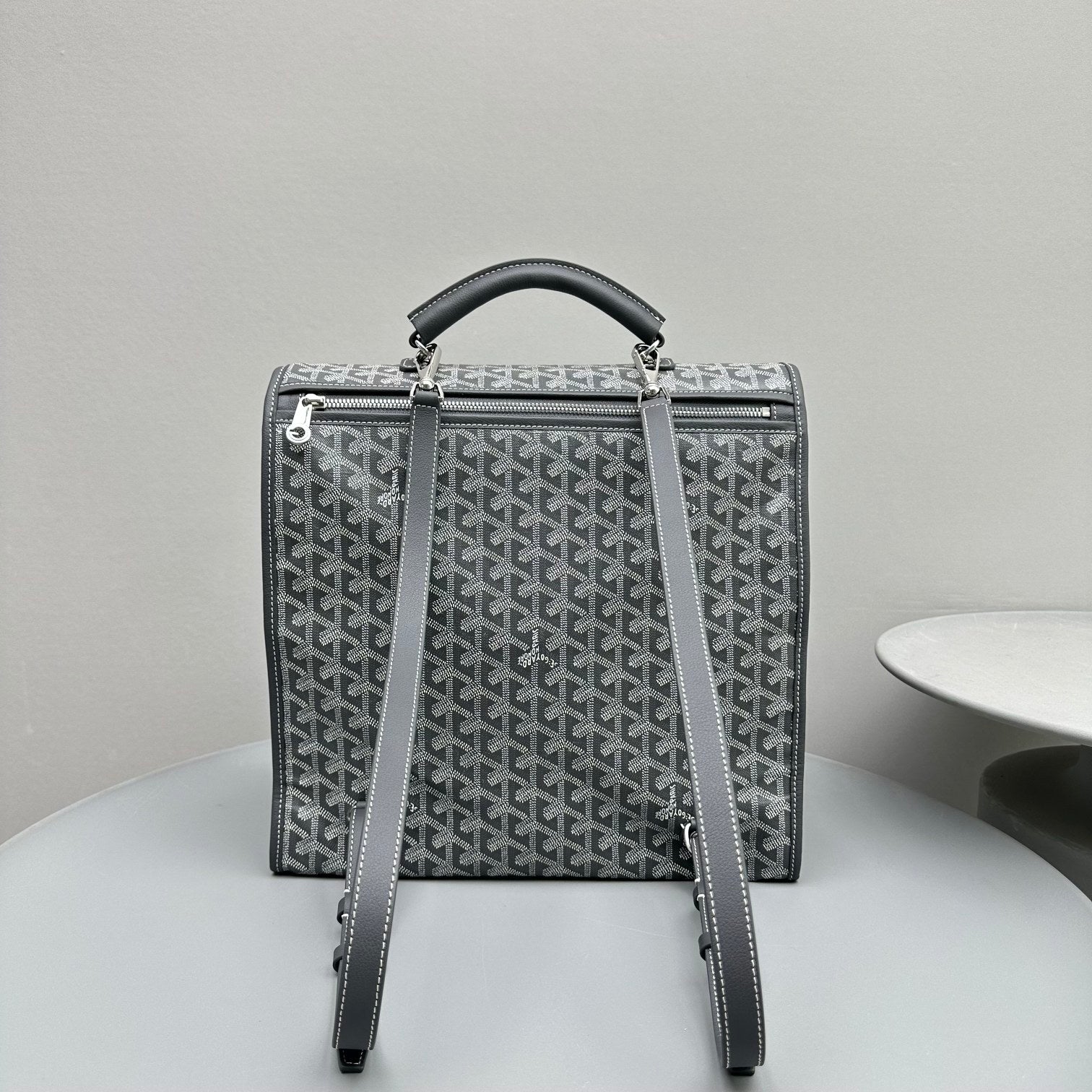 LEGER BACKPACK 37 IN GRAY GOYARDINE CANVAS WITH CALFSKIN TRIM