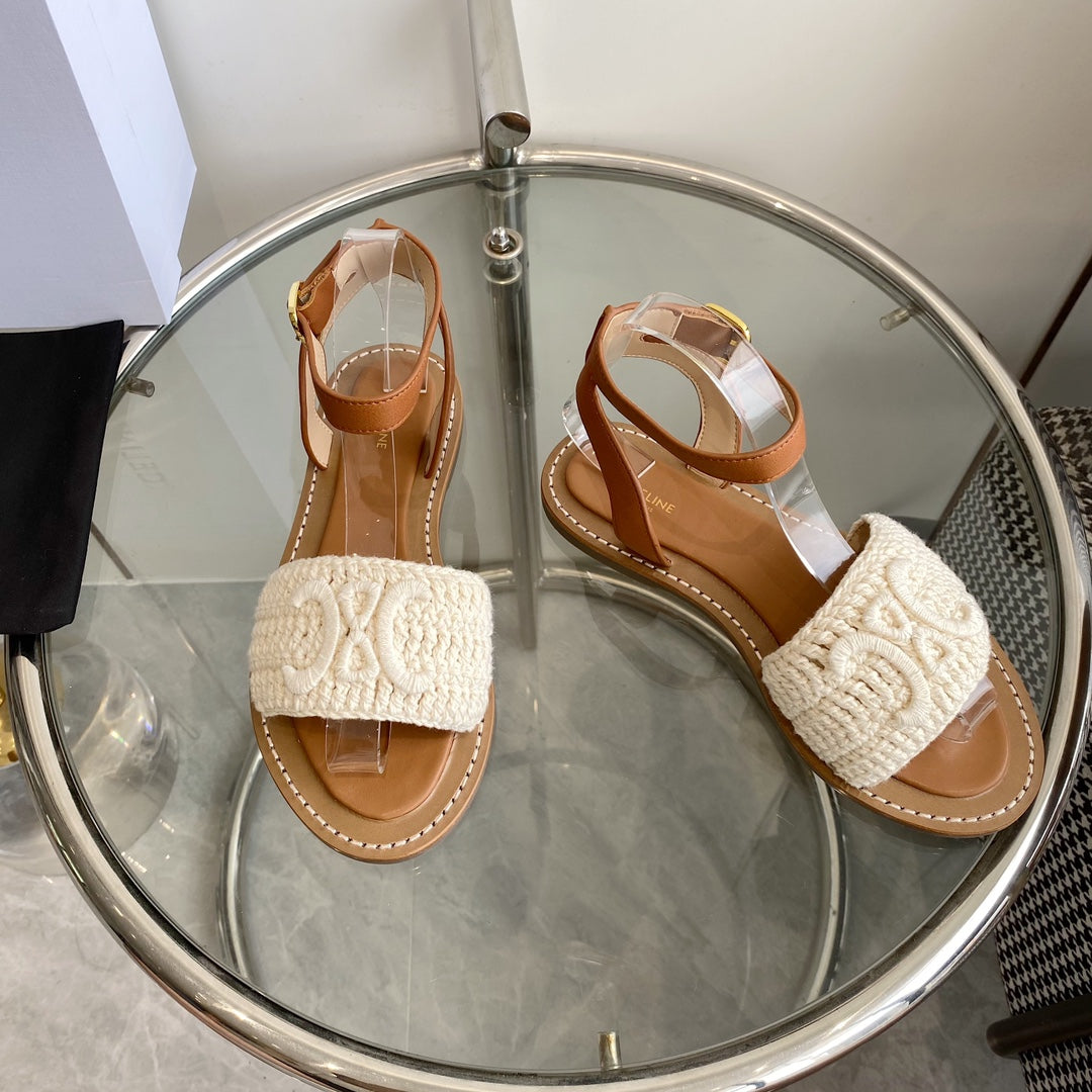 LYMPIA SANDAL IN WHITE TRIOMPHE MACCRAMÉ COTTON AND TAN CALFSKIN