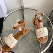 LYMPIA SANDAL IN WHITE TRIOMPHE MACCRAMÉ COTTON AND TAN CALFSKIN