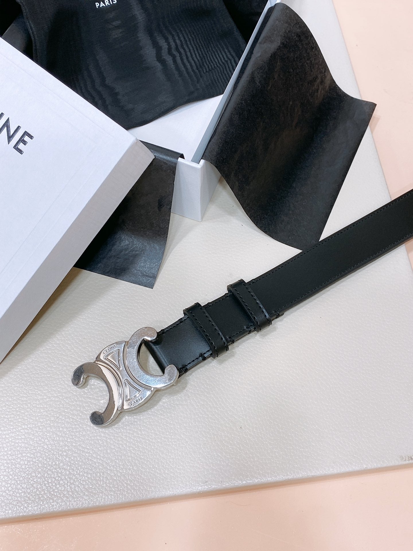 CL LARGE 30 MM TRIOMPHE BELT IN BLACK AND SILVER HARDWARE
