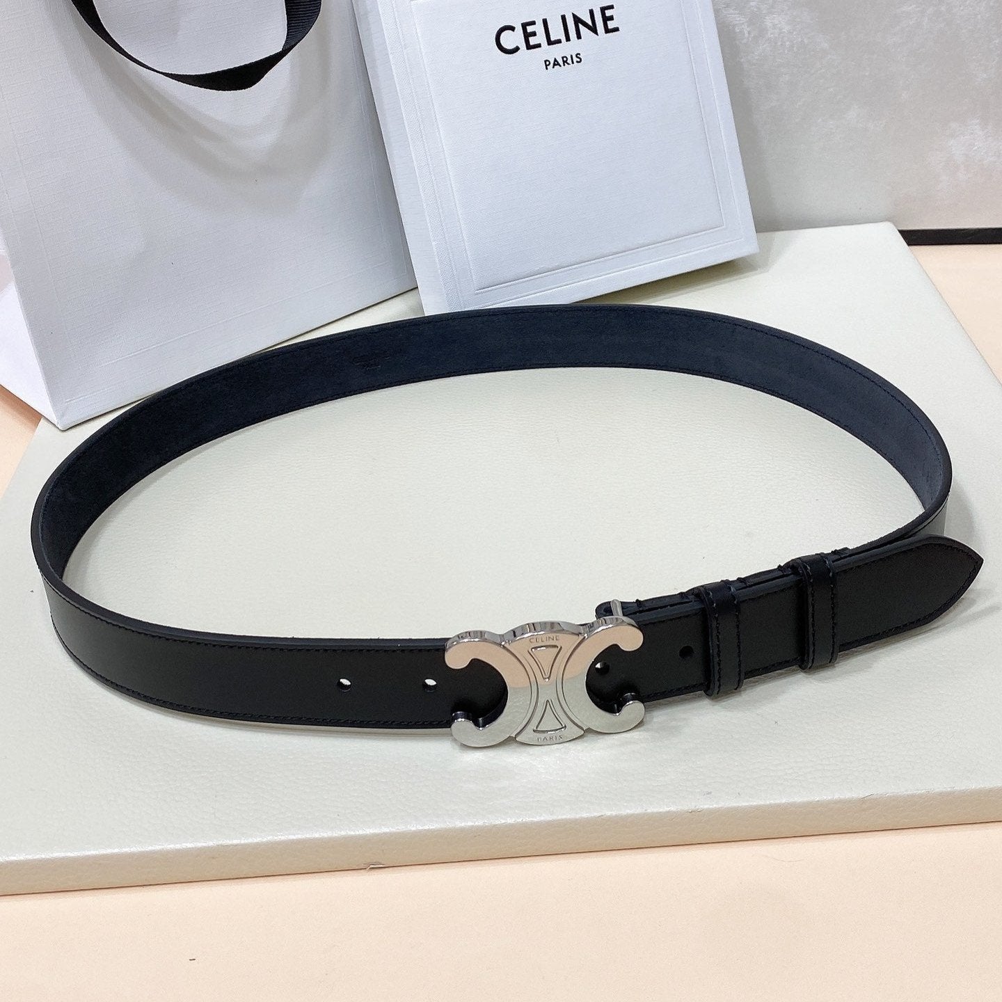 CL LARGE 30 MM TRIOMPHE BELT IN BLACK AND SILVER HARDWARE