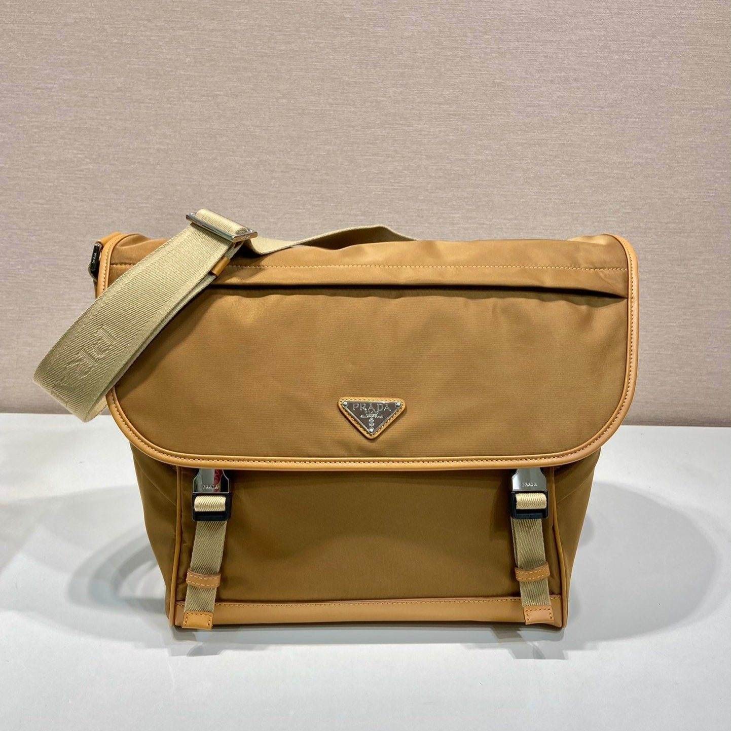 LARGE FLAP BAG 30 IN CIDER BROWN RE-NYLON AND CALFSKIN TRIM