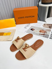 LV 26S FLAT SLIDES IN BROWN CALFSKIN AND BEIGE RAFFIA