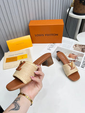 LV 26S CAPRI HIGH-HEELED MULES IN BROWN CALFSKIN AND BEIGE RAFFIA